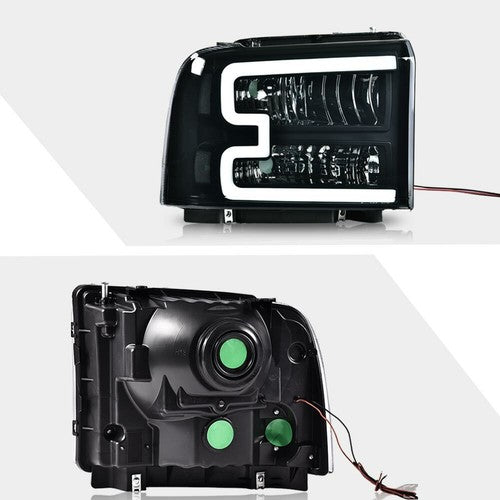 Solid Spare Fit For 2005-07 Ford F250 F350 Super Duty [LED DRL Bar] Headlights Smoked/Clear