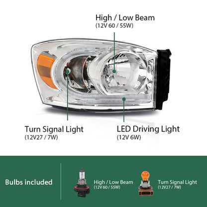 Solid Spare Fit For 06-09 Dodge Ram 1500 2500 3500 Clear/Chrome LED DRL Headlights Headlamps