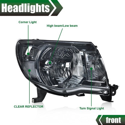 Solid Spare Fit For 2005-2011 Toyota Tacoma Smoke Lens Chrome Headlights Left+Right Side