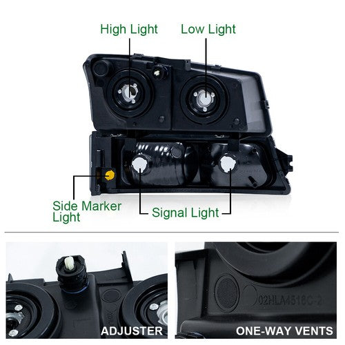 Solid Spare Amber/Chrome Headlights+Fog Lights Fit For 2003-2007 Chevy Silverado Avalanche