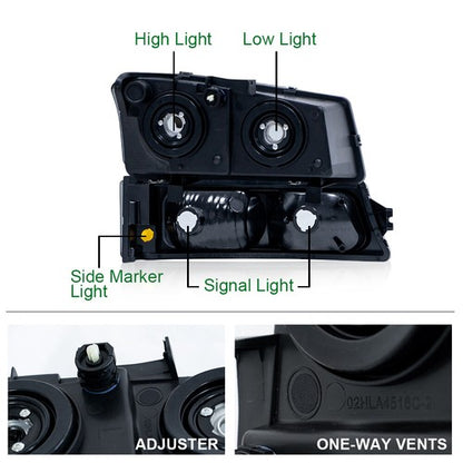 Solid Spare Amber/Chrome Headlights+Fog Lights Fit For 2003-2007 Chevy Silverado Avalanche