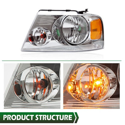 Solid Spare Fit For 2004-2008 Ford F150 Headlights Assembly Chrome Housing Amber Reflector