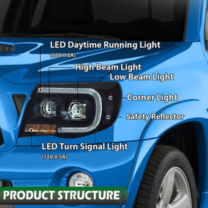 Solid Spare Fit For 2005-2011 Toyota Tacoma Smoke Lens Black Dual LED Projector Headlights