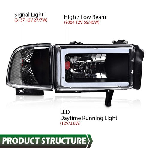 Solid Spare Fit For 94-02 Ram 1500 2500 3500 Black/Clear Corner LED DRL Headlight Headlamps