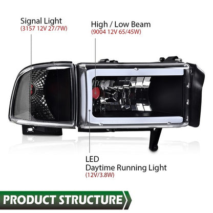 Solid Spare Fit For 94-02 Ram 1500 2500 3500 Black/Clear Corner LED DRL Headlight Headlamps