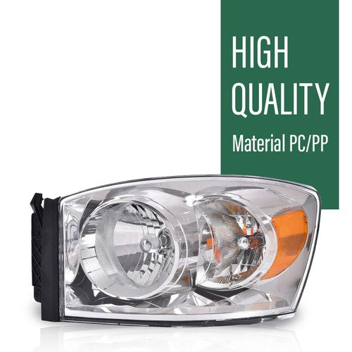 Solid Spare Fit For 06-08 Dodge Ram 1500/06-09 Ram 2500 3500 Amber Chrome Headlight Left
