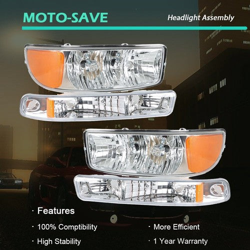 Solid Spare Pair Set For GMC Sierra 1500 1999-2007 Headlight Replacement Halogen Clear Lens