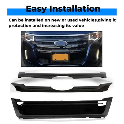 Solid Spare Fit 2011-2014 Ford Edge 3PCS Glossy Black ABS Front Bumper Grille Trim Molding