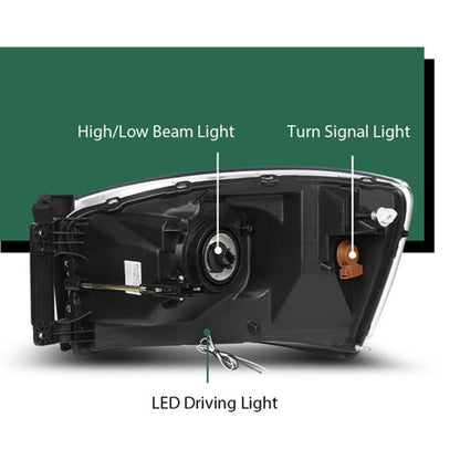 Solid Spare Fit For 06-09 Dodge Ram 1500 2500 3500 Clear/Chrome LED DRL Headlights Headlamps