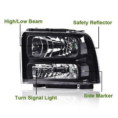 Solid Spare Black Headlights Conversion Kit W/ Bulb Fit For 99-04 Ford Super Duty Excursion