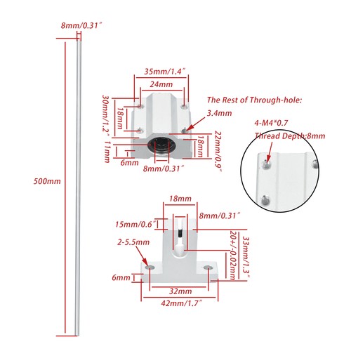 Solid Spare 8mm × 500mm 2Pcs Linear Motion Rail Shaft w/ 4 SCS8UU Bearing & SK8 Rail Support