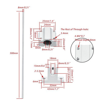 Solid Spare 8mm × 500mm 2Pcs Linear Motion Rail Shaft w/ 4 SCS8UU Bearing & SK8 Rail Support