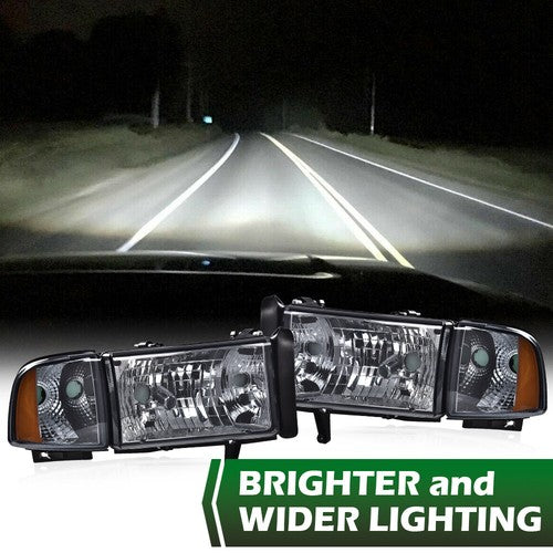 Solid Spare Amber Corner Smoke Headlights Assembly Fit For 94-02 Dodge Ram 1500 2500 3500