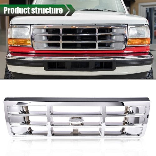 Solid Spare Fit For 1992-1996 Ford F150 F250 F350 Bronco Front Bumper Grille Grill Chrome