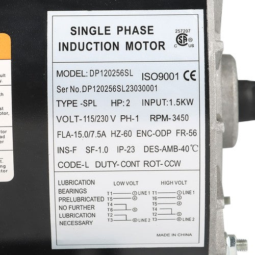 Solid Spare New 2HP SPL Compressor Duty Electric Motor 3450 RPM 56 Frame 5/8" Shaft 120/240V