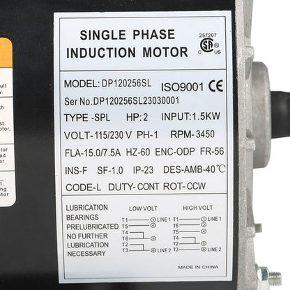 Solid Spare New 2HP SPL Compressor Duty Electric Motor 3450 RPM 56 Frame 5/8" Shaft 120/240V