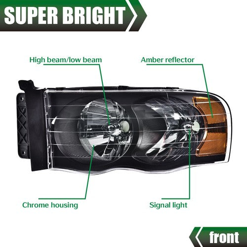 Solid Spare Clear Lens Black Housing Headlights Fit For 2002-2005 Dodge Ram 1500 2500 3500