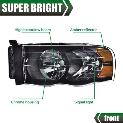 Solid Spare Clear Lens Black Housing Headlights Fit For 2002-2005 Dodge Ram 1500 2500 3500
