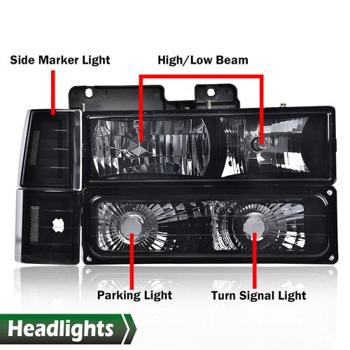 Solid Spare Fit For 1994-1998 GMC C10 C/K Sierra Smoke Headlights+Bumper Corner Lights