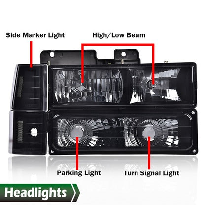 Solid Spare Fit For 1994-1998 GMC C10 C/K Sierra Smoke Headlights+Bumper Corner Lights