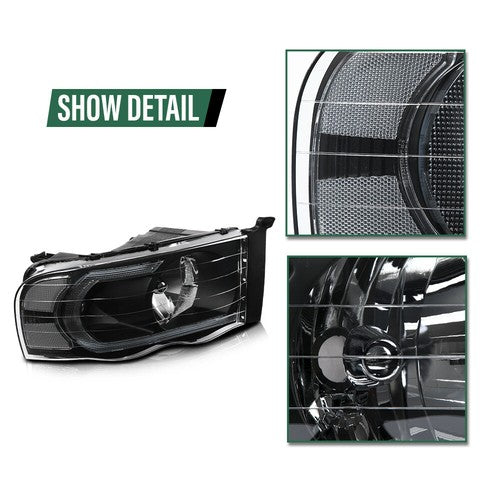 Solid Spare Clear/Black LED Tube DRL Headlights Fit For 2002-2005 Dodge Ram 1500 2500 3500