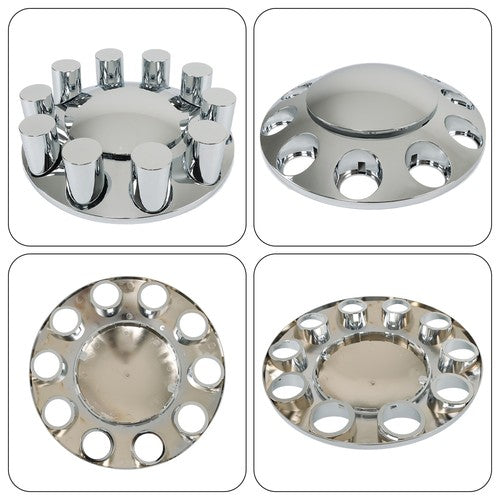 Solid Spare Chrome Front Axle Wheel Cover Hub Cap 33mm Lug Nuts Kit Semi Truck Set of 2