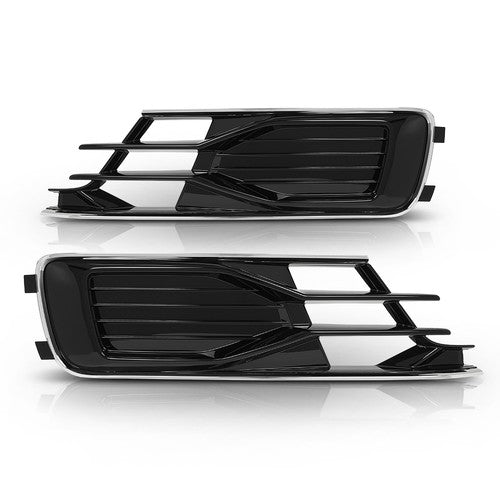 Solid Spare Front Bumper Fog Light Cover Grille Black & Chrome Fit For 2014-2018 Audi A6 C7