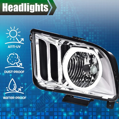 Solid Spare Fit For 2005-2009 Ford Mustang Clear Lens Chrome Halo Headlights Left+Right