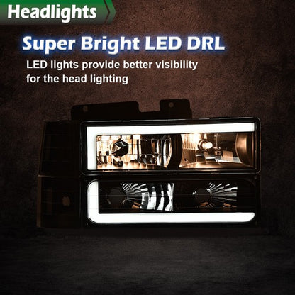 Solid Spare LED DRL Headlights+Bumper Lamps Black Fit For 94-98 GMC C/K Sierra Suburban