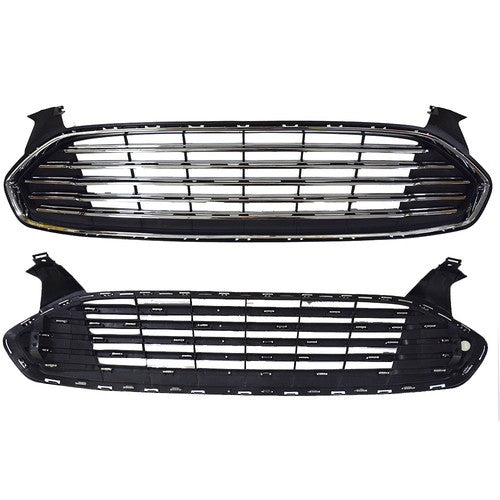 Solid Spare New For Ford Fusion 2013-2016 2pcs Chrome Grill Front Upper & Lower Grille Kit