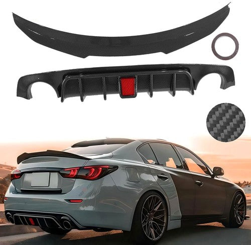 Fit 2018-2024 Infiniti Q50 Rear Diffuser & Trunk Spoiler Wing Carbon Fiber Style
