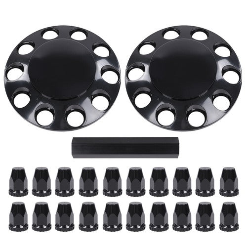 Solid Spare Black Front Axle Wheel Cover w/ Hub Cap 33mm Lug Nuts For Semi Truck Set of 2