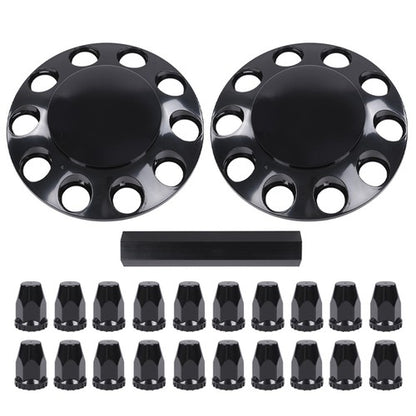 Solid Spare Black Front Axle Wheel Cover w/ Hub Cap 33mm Lug Nuts For Semi Truck Set of 2