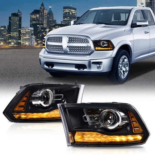 Solid Spare Fit For 2009-2018 Dodge Ram 1500 2500 3500 Black Projector Headlights w/ LED DRL