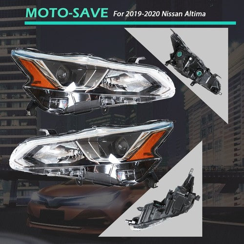 Solid Spare For Nissan Altima 2019-2020 LH+RH Headlight Replacement Halogen Chrome Housing