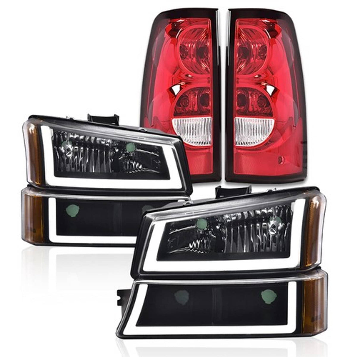 Solid Spare Fit For 2003-2006 Silverado 1500 Amber/Black LED DRL Headlight + Red Tail Lights