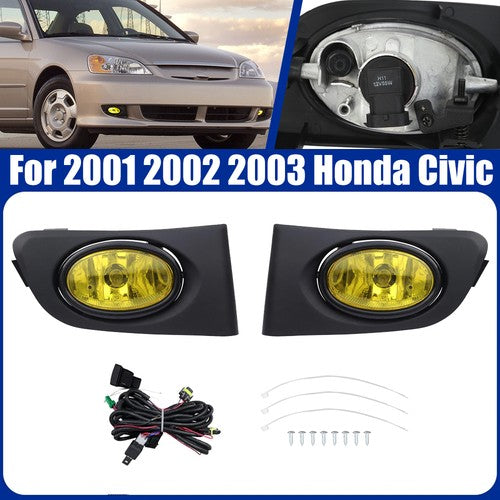 For 2001-2003 Honda Civic Yellow Lens Front Driving Fog Light Kit Harness+Switch
