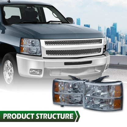 Solid Spare Smoke Lens Chrome Headlights Fit For 2007-2014 Chevy Silverado 1500 2500 3500