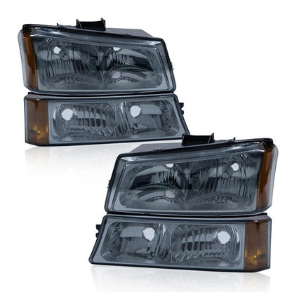 Solid Spare Fit For 2003-2007 Chevy Silverado Avalanche Headlights+Signal Bumper Lamps Smoke