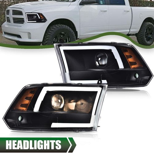 Solid Spare [LED Tube] DRL Fit For 09-18 Dodge Ram 1500 2500 3500 Black Projector Headlights