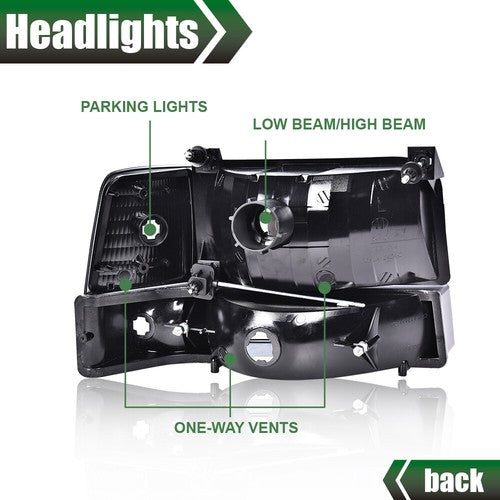 Solid Spare Chrome Headlights Bumper Corner Lamps Fit For 92-96 Ford F150 F250 F350 Bronco