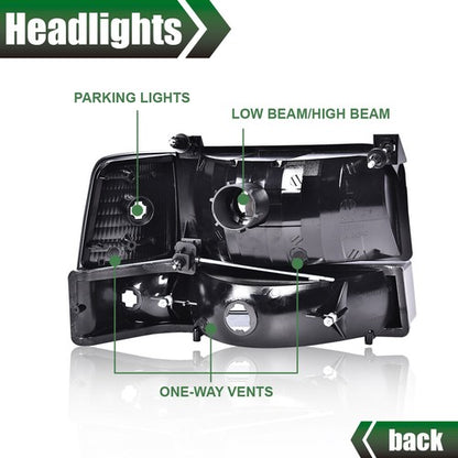 Solid Spare Chrome Headlights Bumper Corner Lamps Fit For 92-96 Ford F150 F250 F350 Bronco