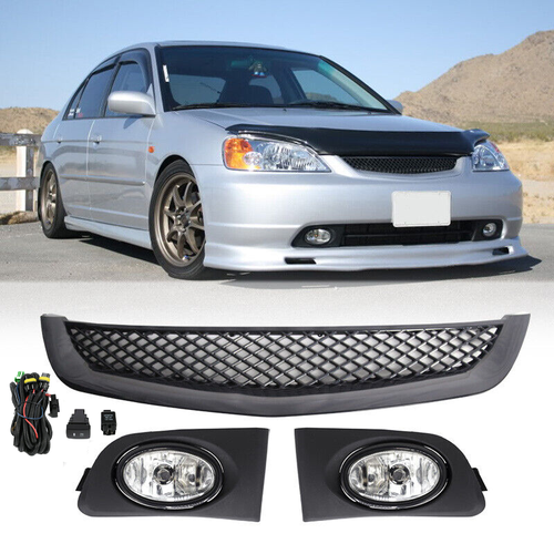 Fits 2001-2003 Honda Civic Sedan Front Mesh Grille & Clear Lens Fog Lights Lamps