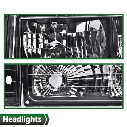 Solid Spare Fit For 1994-1998 GMC C10 C/K Sierra Clear Corner Black Headlights Bumper Lamps