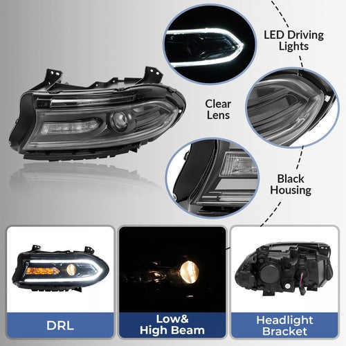 Solid Spare Left Driver Side Headlight Projector Assembly For Dodge Charger 2015-2023 Black