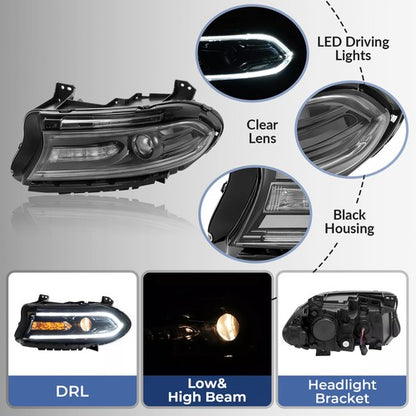 Solid Spare Left Driver Side Headlight Projector Assembly For Dodge Charger 2015-2023 Black