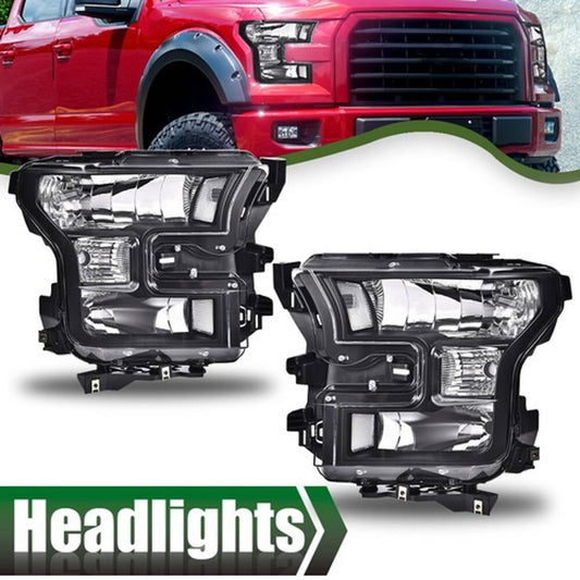 Solid Spare Fit For 2015-2017 Ford F150 Pickup Clear Corner Black Headlights Left+Right