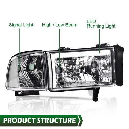 Solid Spare Fit For 94-02 Dodge Ram 1500 2500 3500 LED Headlights Corner Signal Lamps Chrome