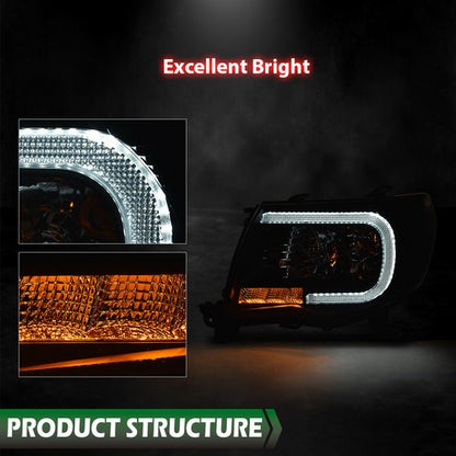 Solid Spare Fit For 2005-2011 Toyota Tacoma Black LED Tube DRL Headlights Headlamps Pair