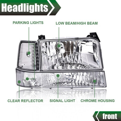 Solid Spare Chrome Headlights Bumper Corner Lamps Fit For 92-96 Ford F150 F250 F350 Bronco